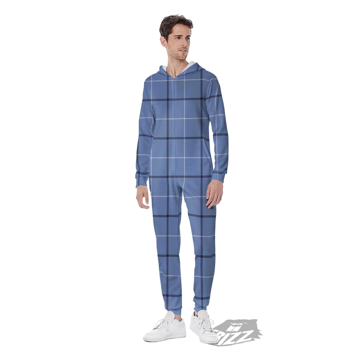 Tattersall Solf Blue Print Pattern Men's Jumpsuit-grizzshop