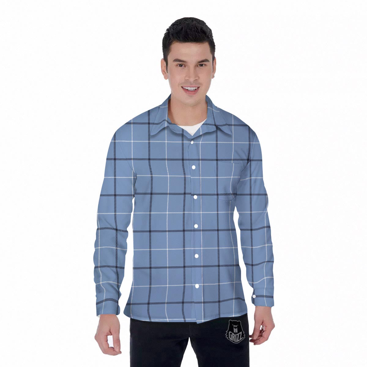 Tattersall Solf Blue Print Pattern Men's Long Sleeve Shirts-grizzshop