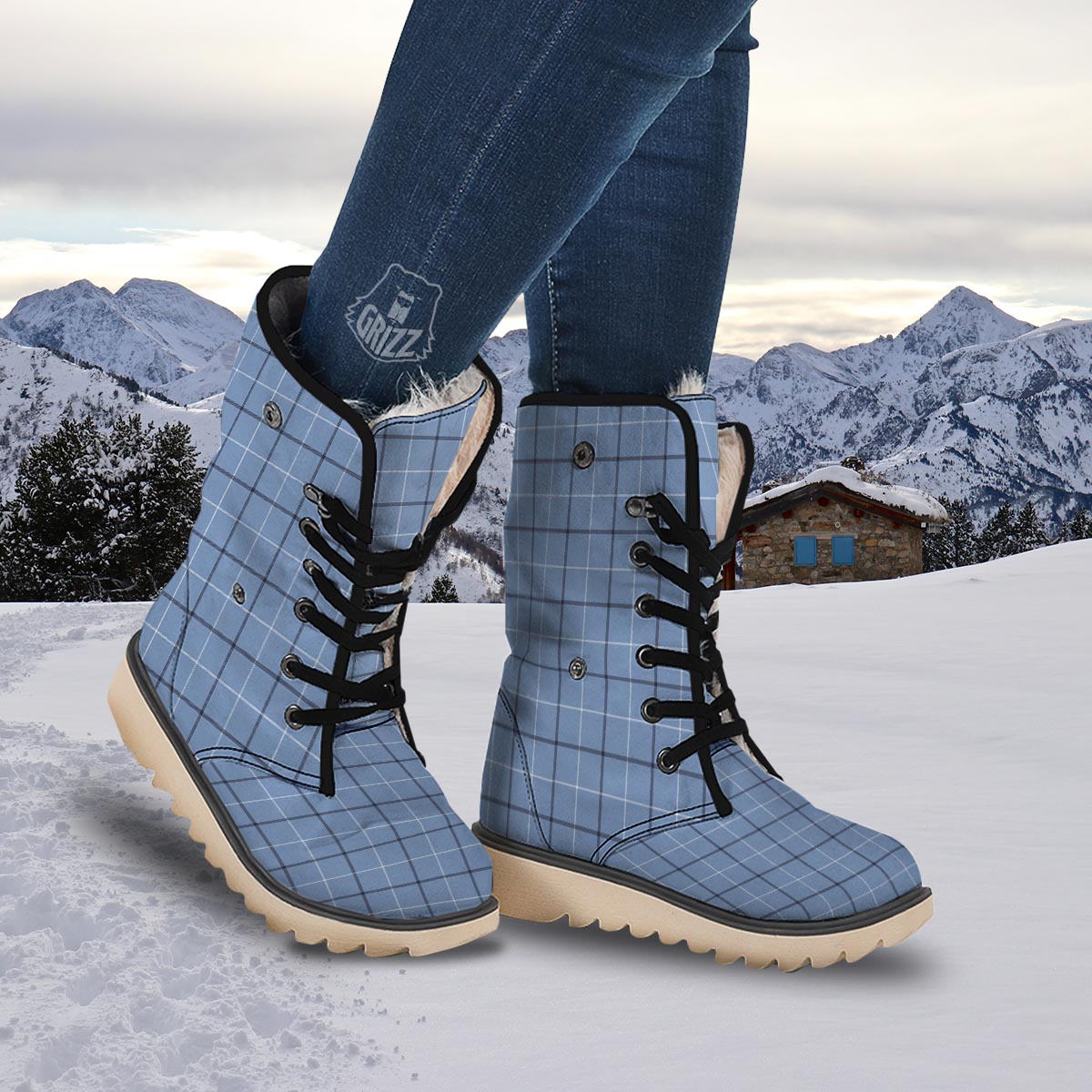 Tattersall Solf Blue Print Pattern Snow Boots-grizzshop