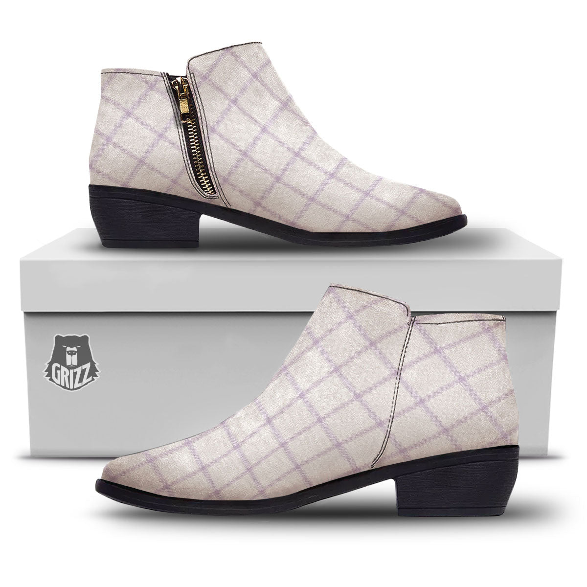 Tattersall White And Purple Print Pattern Ankle Boots-grizzshop