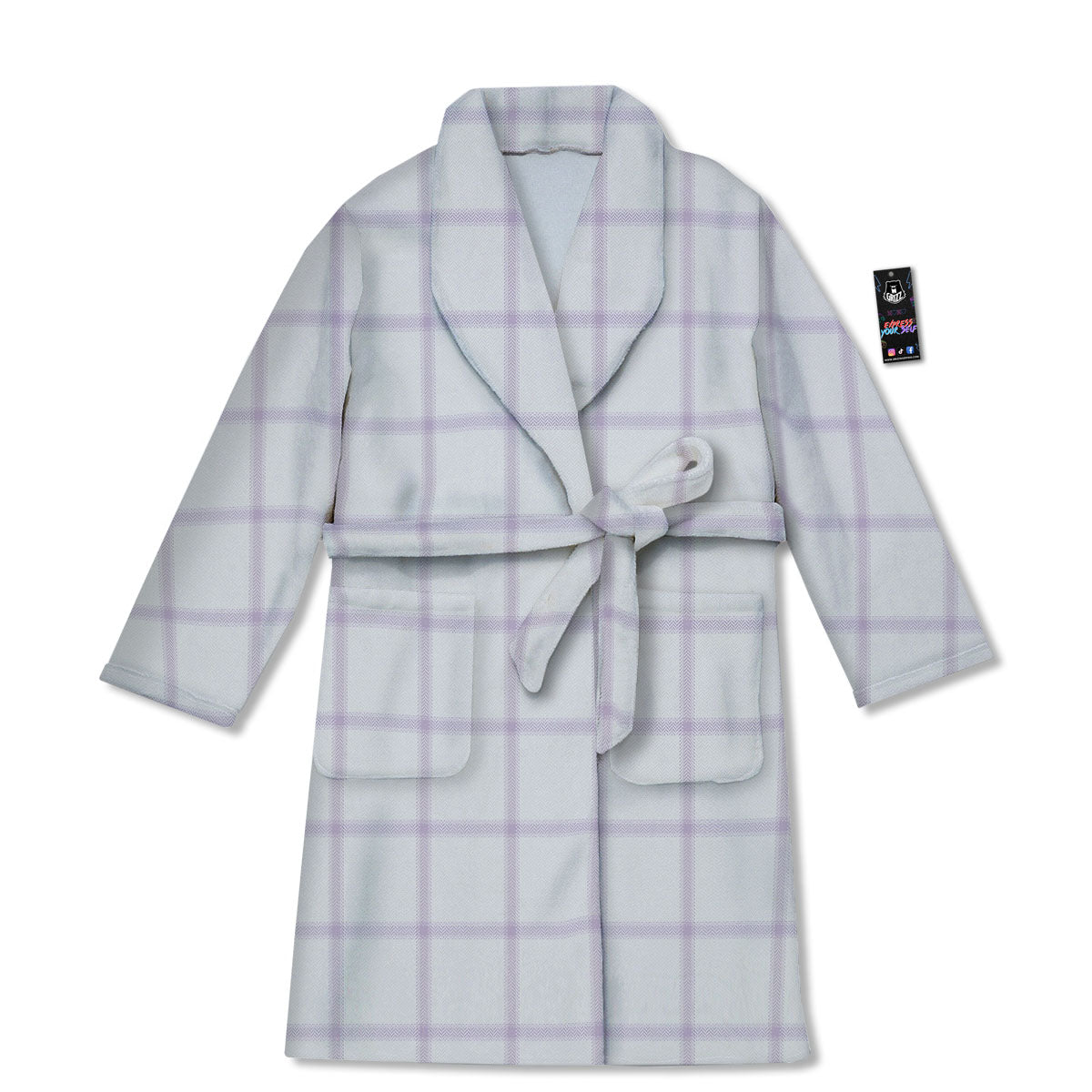 Tattersall White And Purple Print Pattern Bathrobe-grizzshop