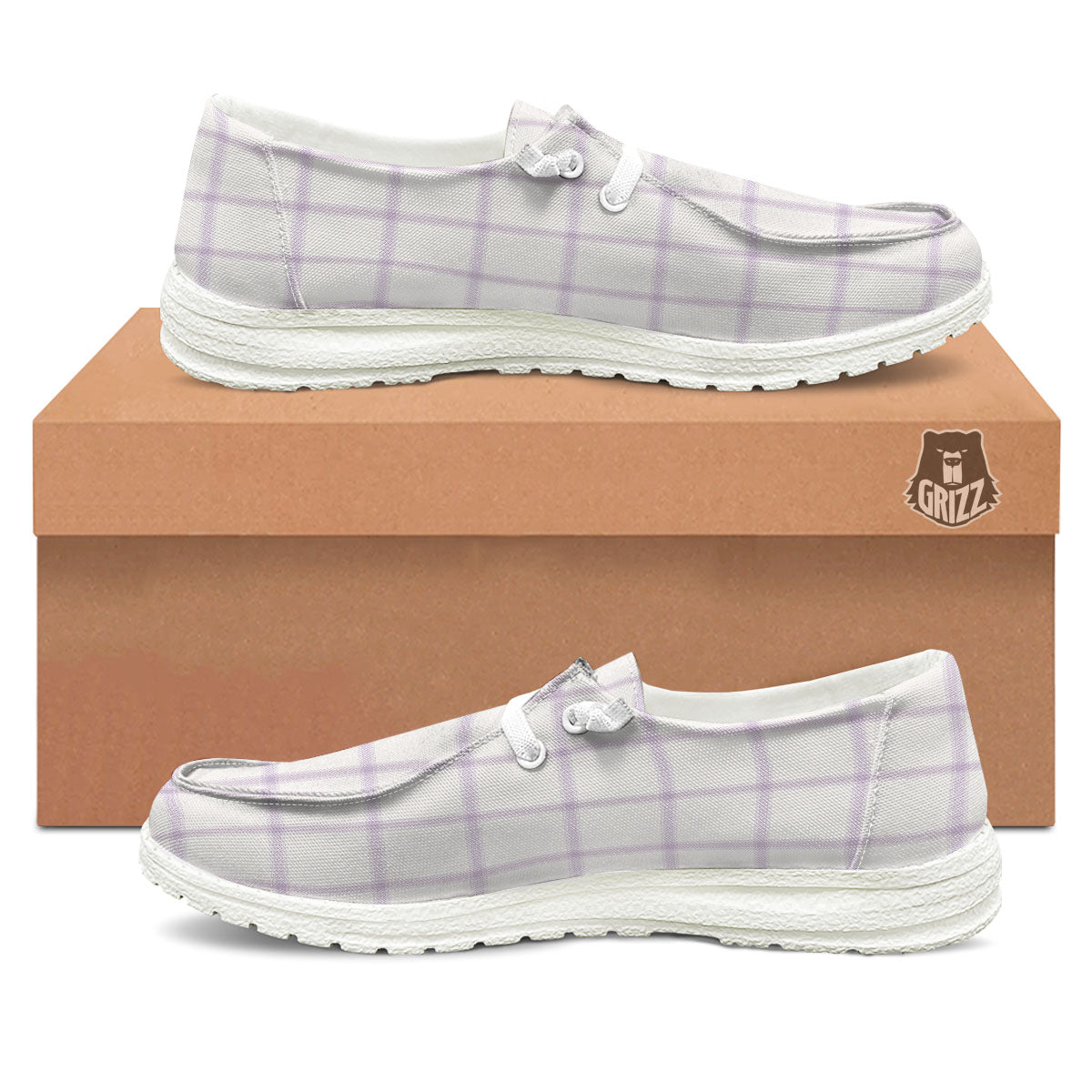 Tattersall White And Purple Print Pattern Black Loafers-grizzshop