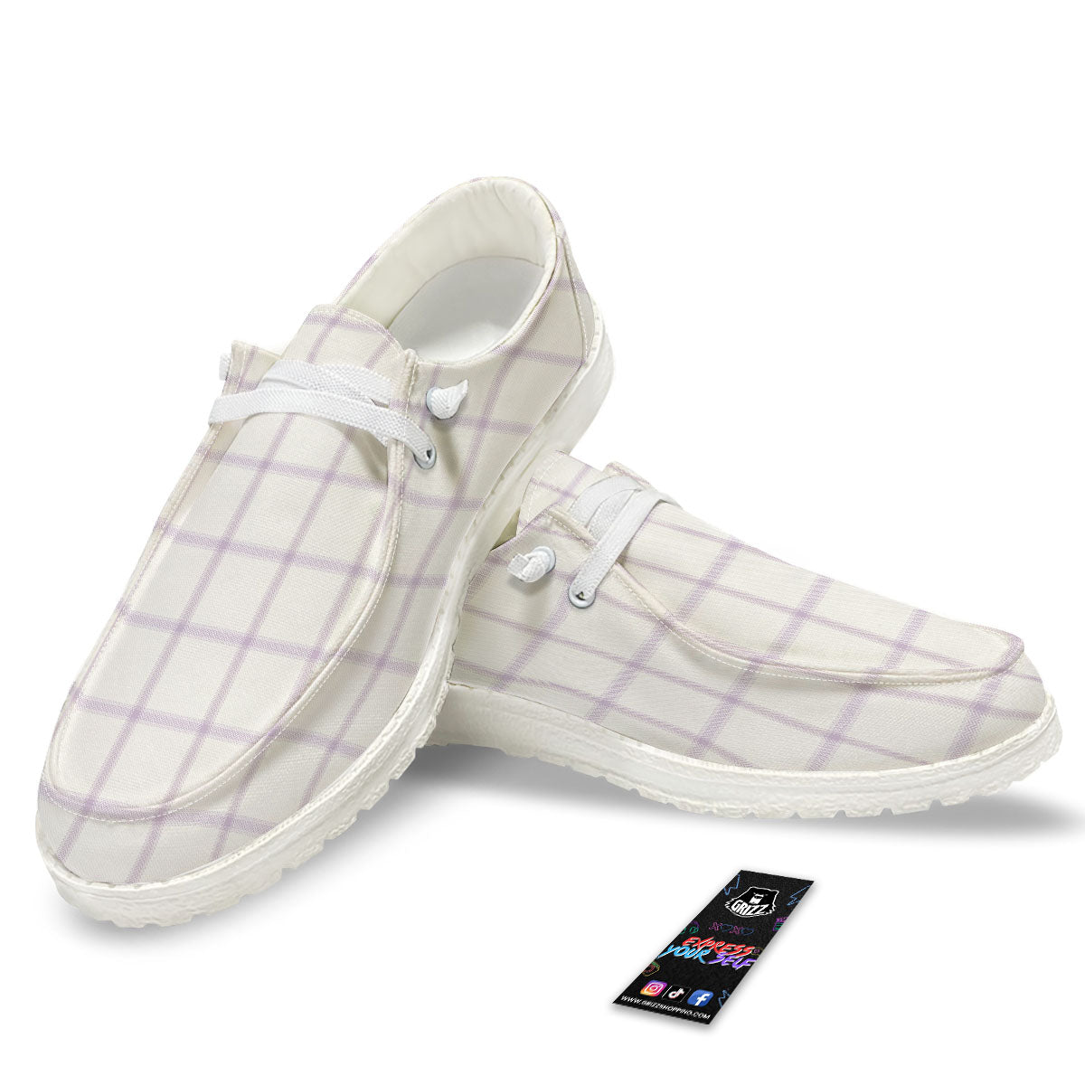 Tattersall White And Purple Print Pattern Black Loafers-grizzshop