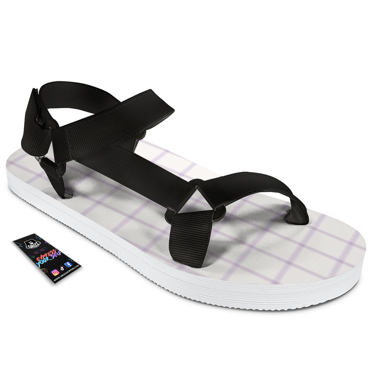 Tattersall White And Purple Print Pattern Black Open Toe Sandals-grizzshop