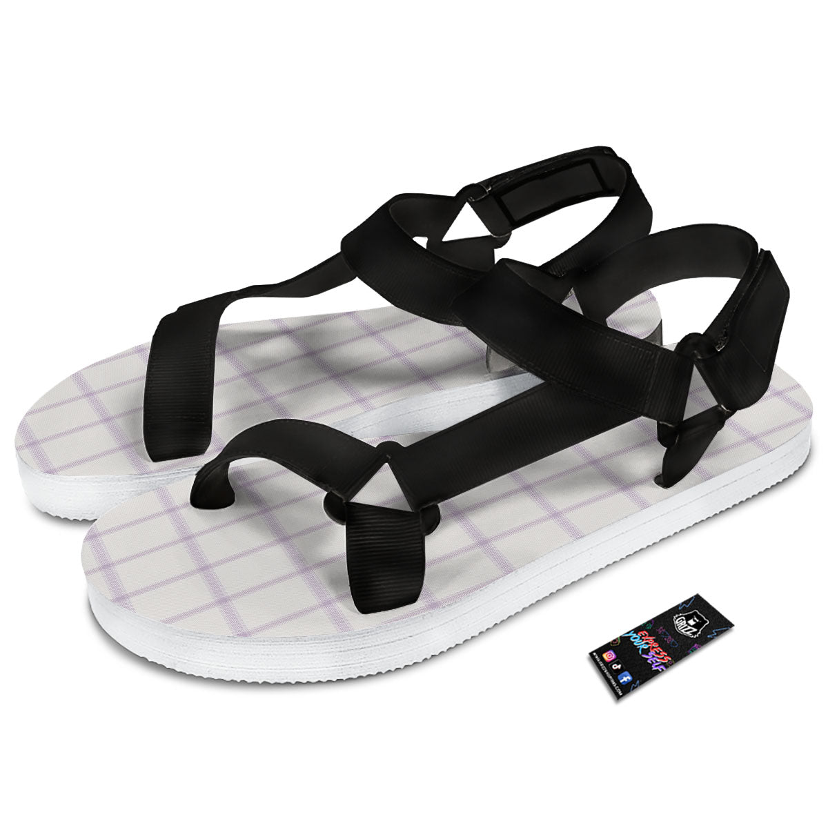 Tattersall White And Purple Print Pattern Black Open Toe Sandals-grizzshop