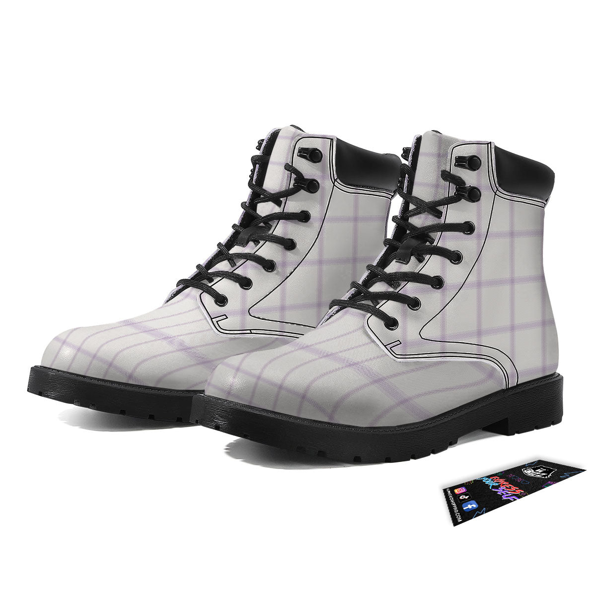 Tattersall White And Purple Print Pattern Boots-grizzshop