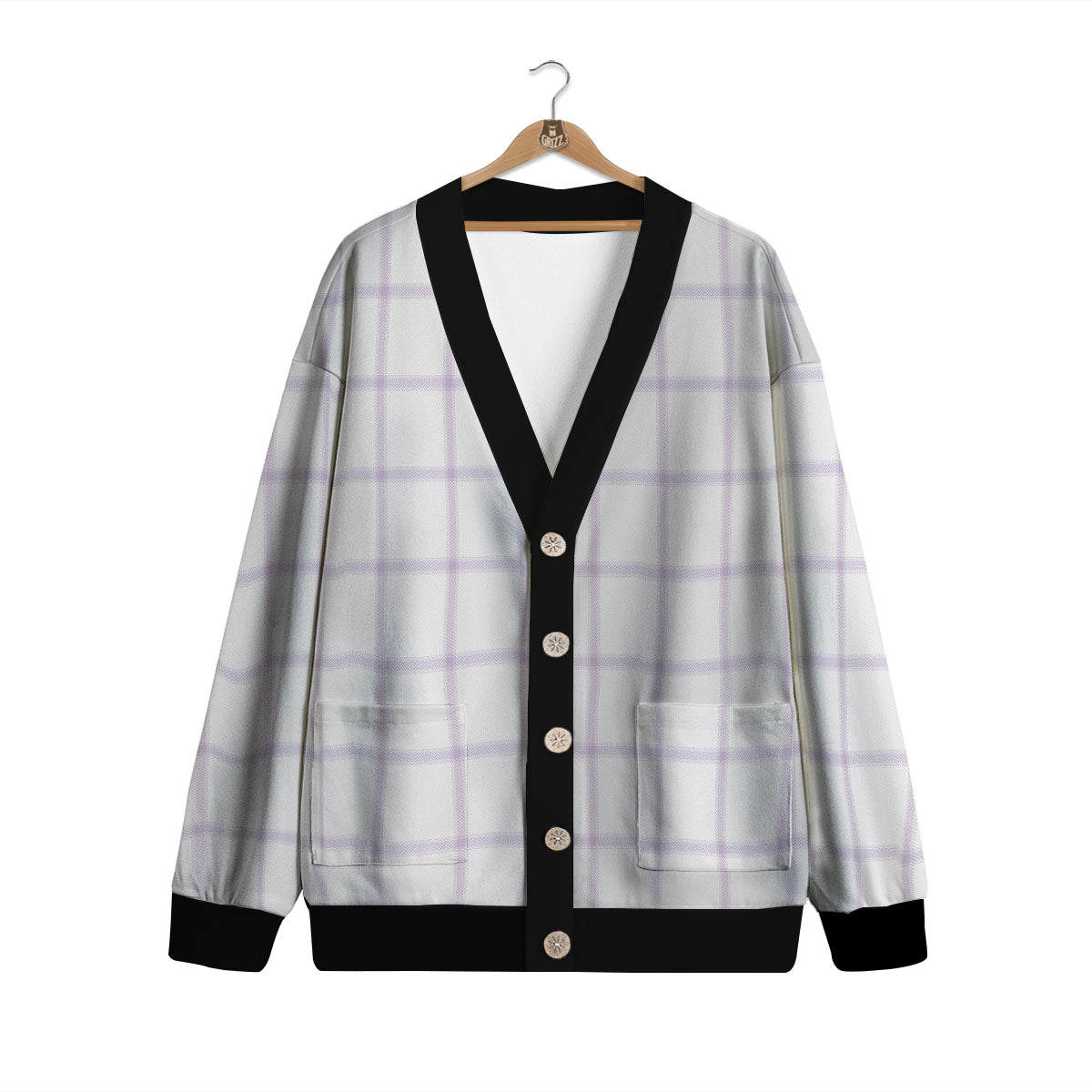 Tattersall White And Purple Print Pattern Cardigan-grizzshop