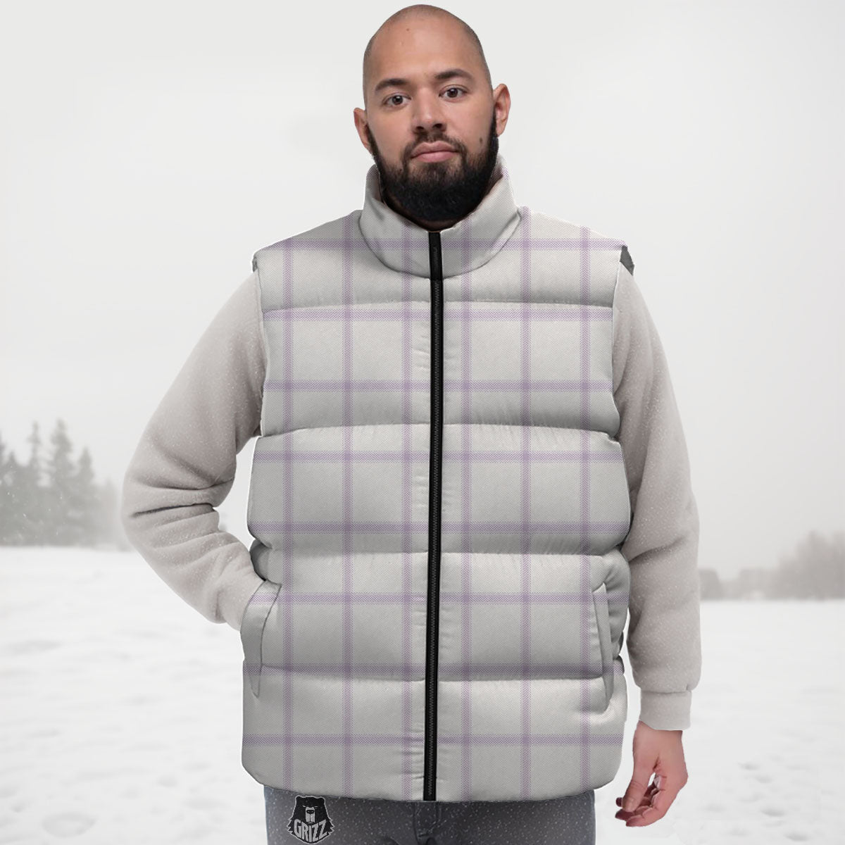 Tattersall White And Purple Print Pattern Down Vest
