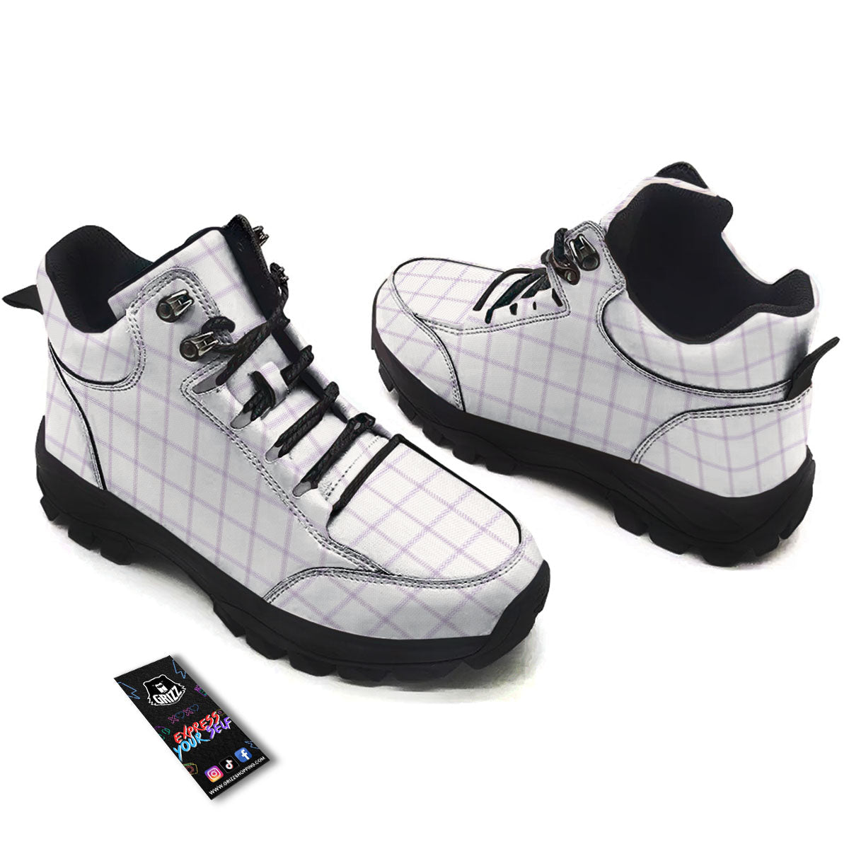 Tattersall White And Purple Print Pattern Hiking Shoes-grizzshop