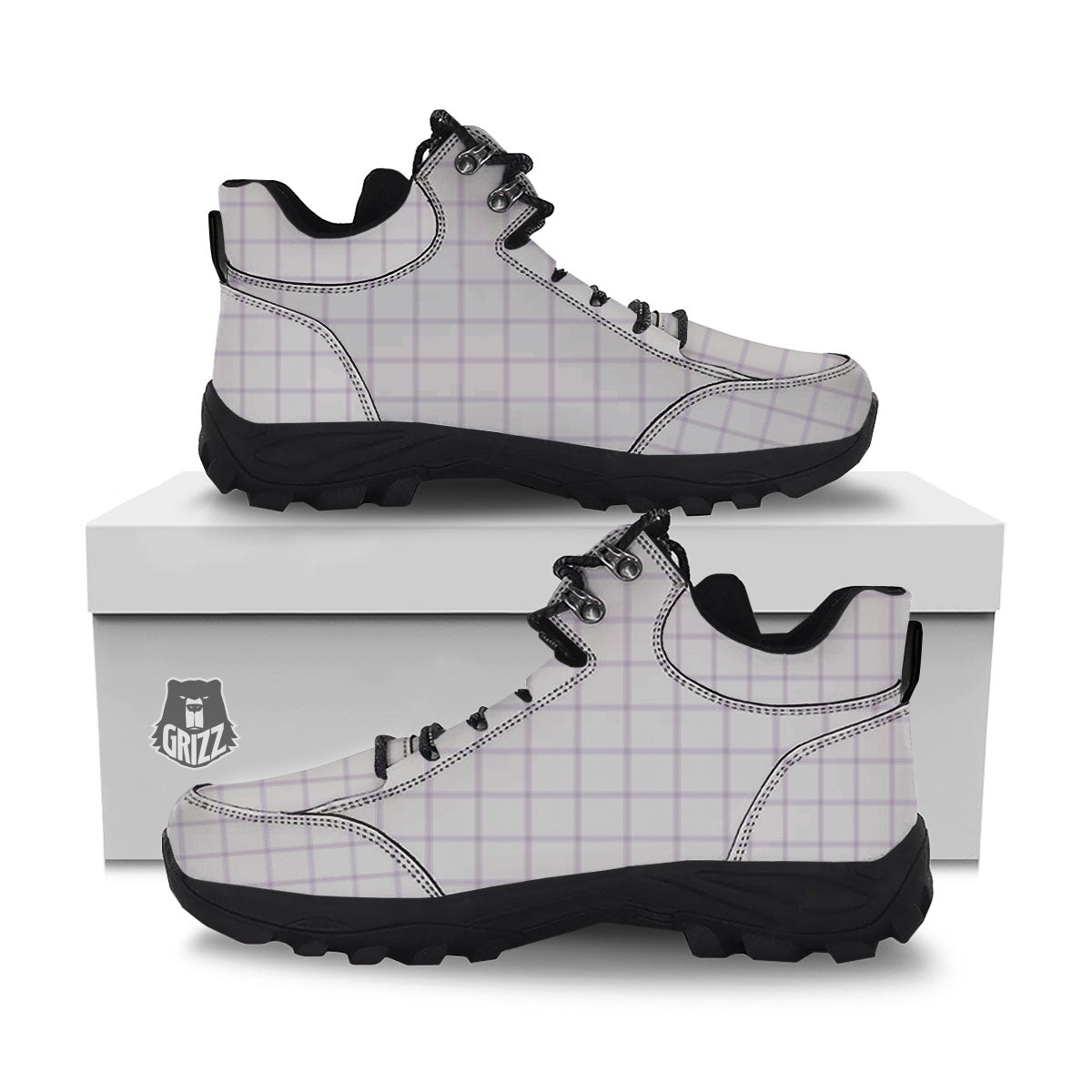 Tattersall White And Purple Print Pattern Hiking Shoes-grizzshop