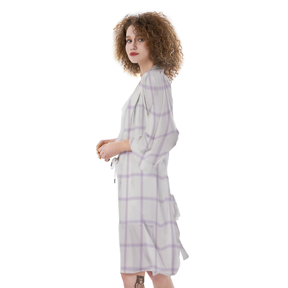 Tattersall White And Purple Print Pattern Kimono-grizzshop
