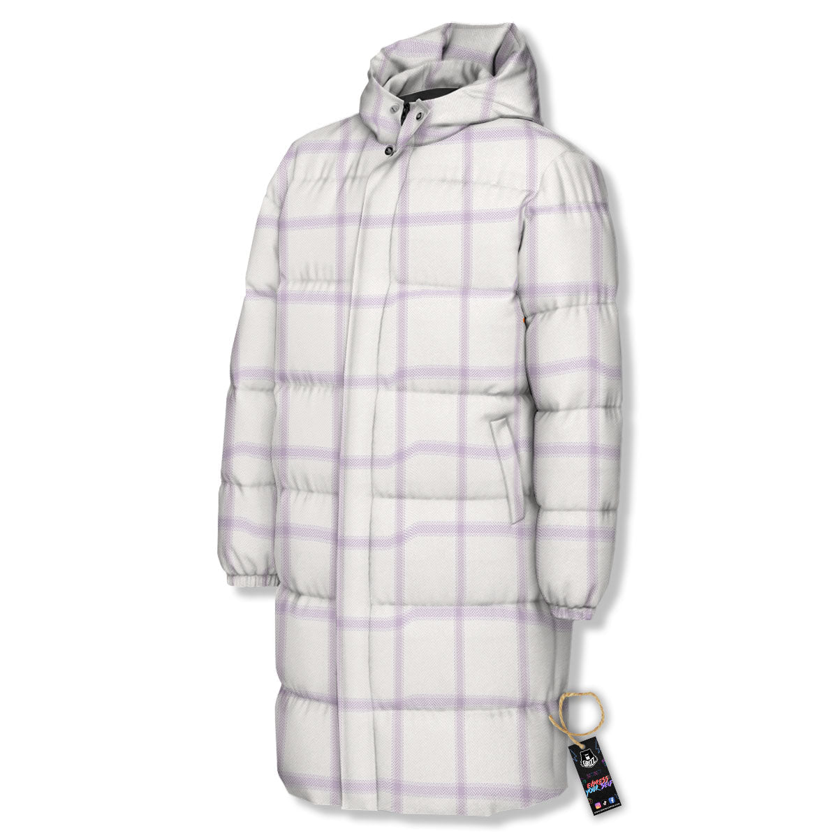 Tattersall White And Purple Print Pattern Long Down Jacket-grizzshop