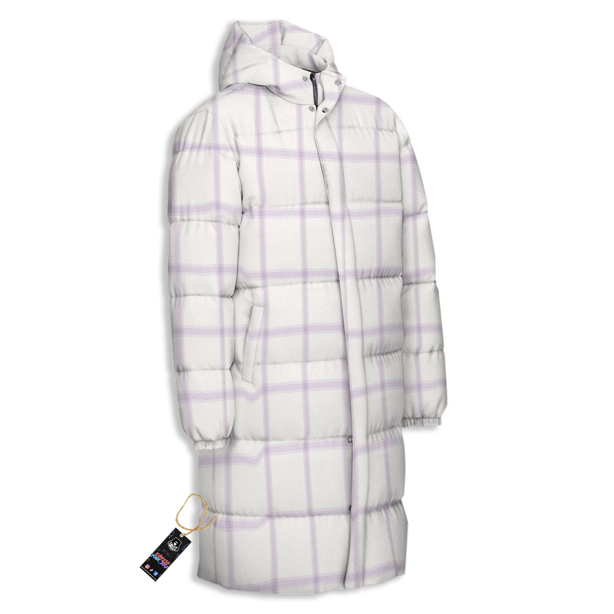 Tattersall White And Purple Print Pattern Long Down Jacket-grizzshop