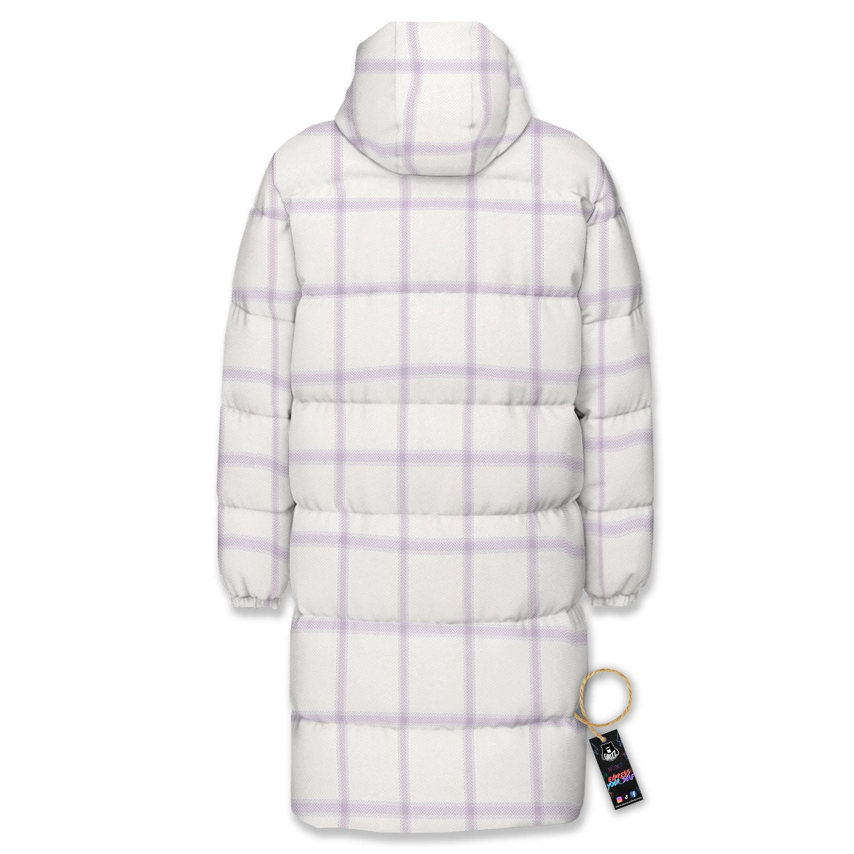 Tattersall White And Purple Print Pattern Long Down Jacket-grizzshop
