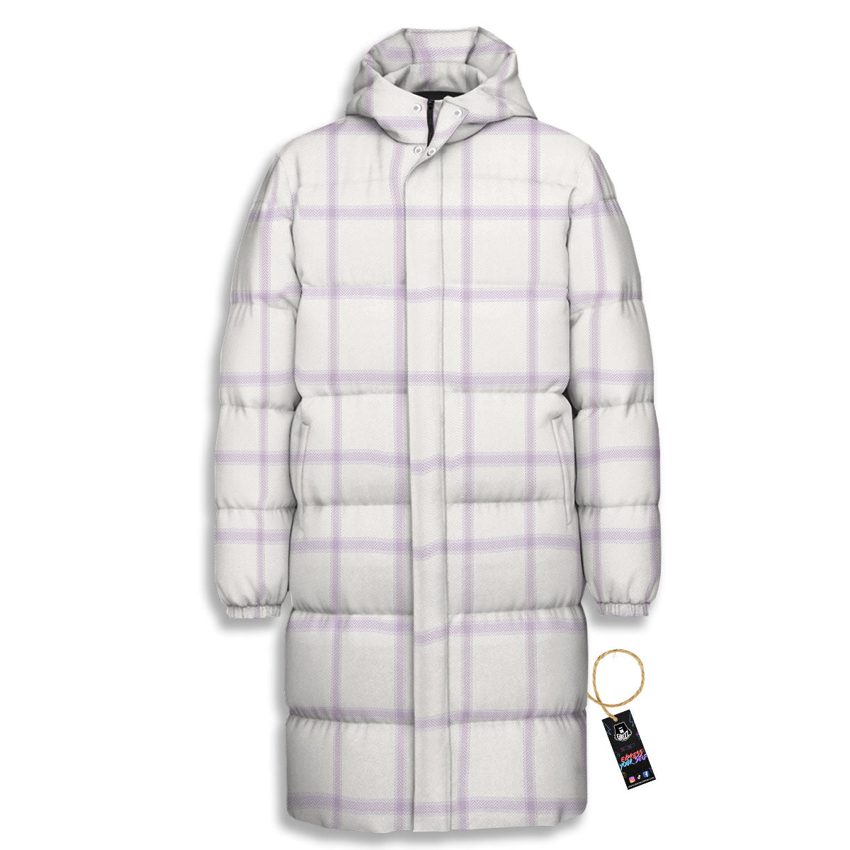 Tattersall White And Purple Print Pattern Long Down Jacket-grizzshop