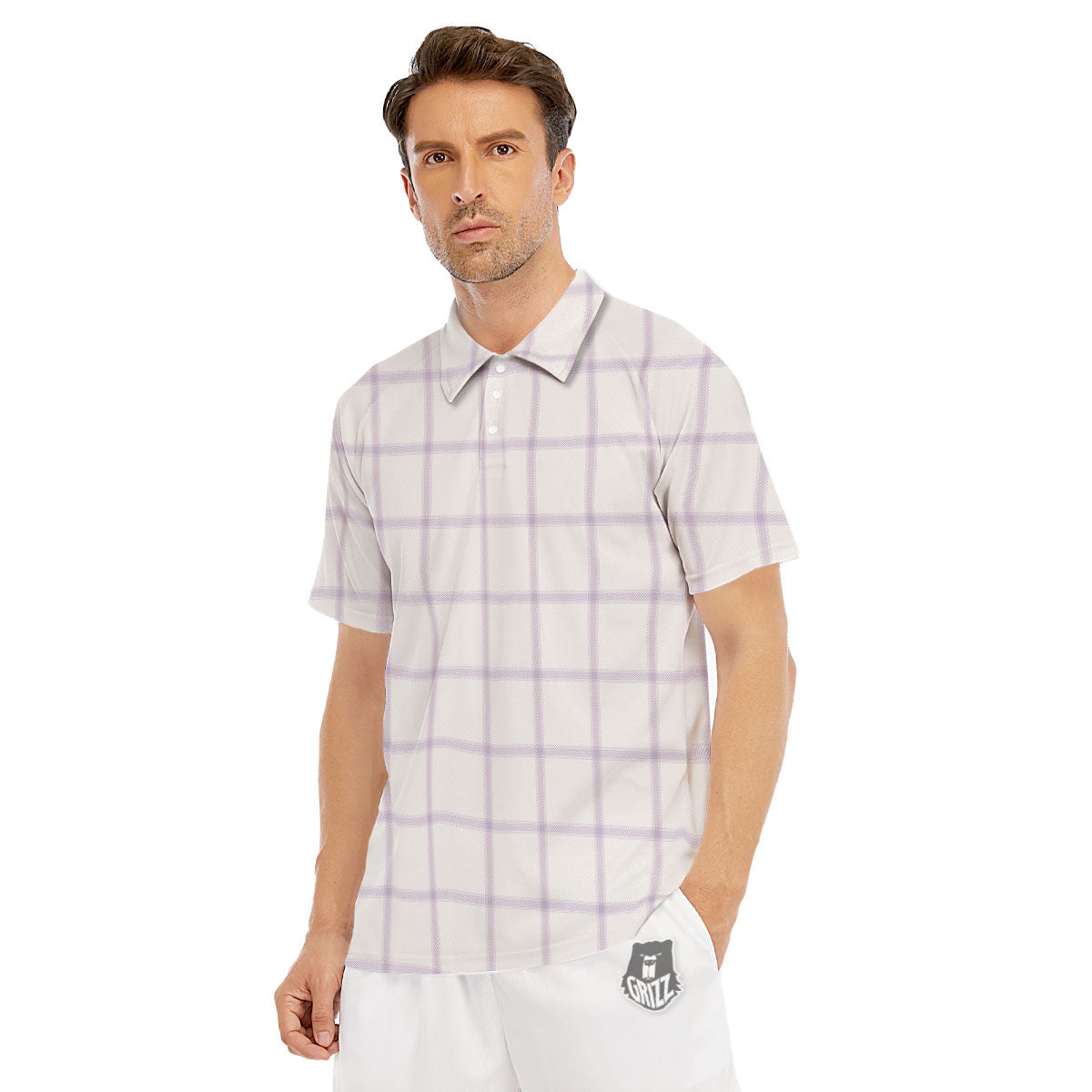 Tattersall White And Purple Print Pattern Men's Golf Shirts-grizzshop