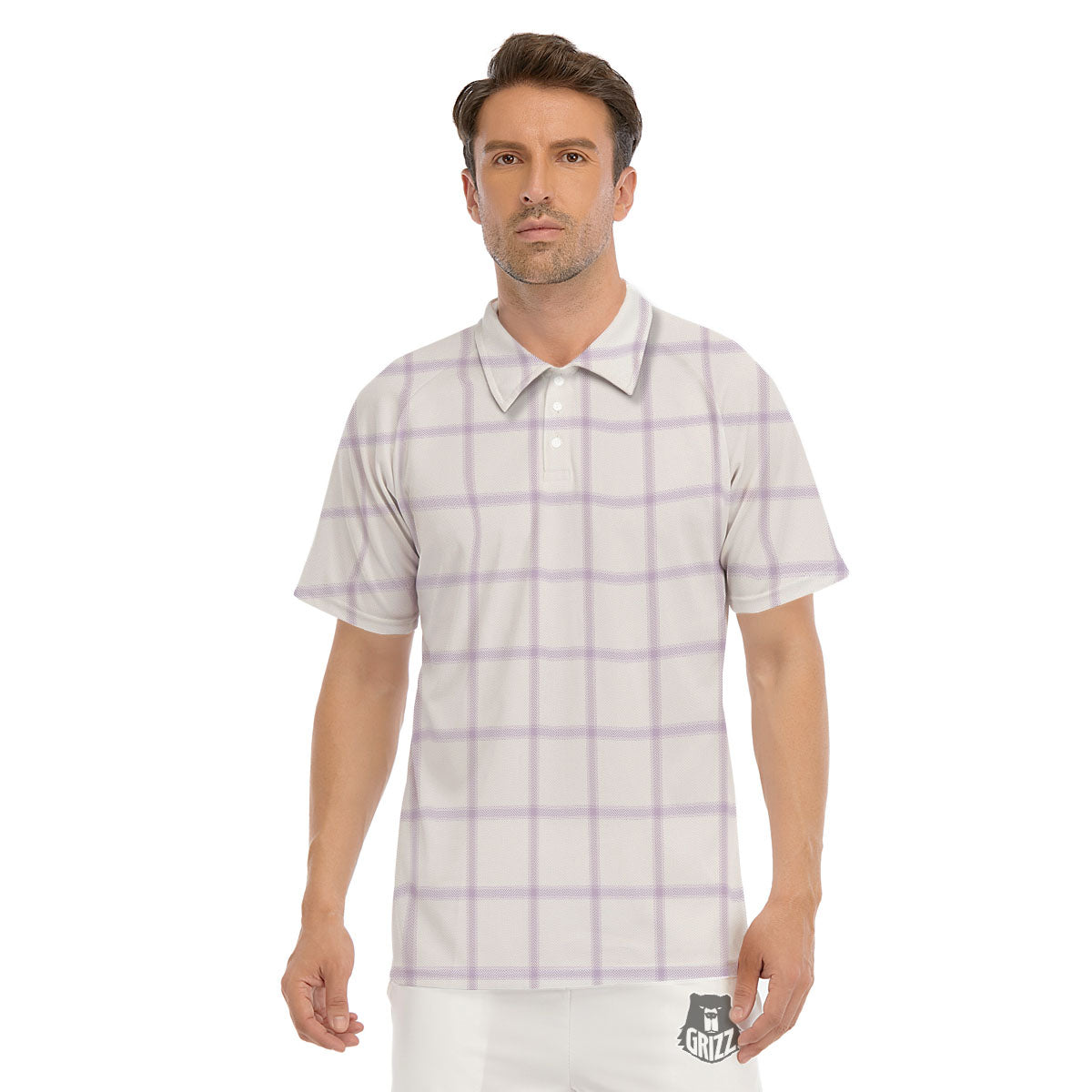 Tattersall White And Purple Print Pattern Men's Golf Shirts-grizzshop