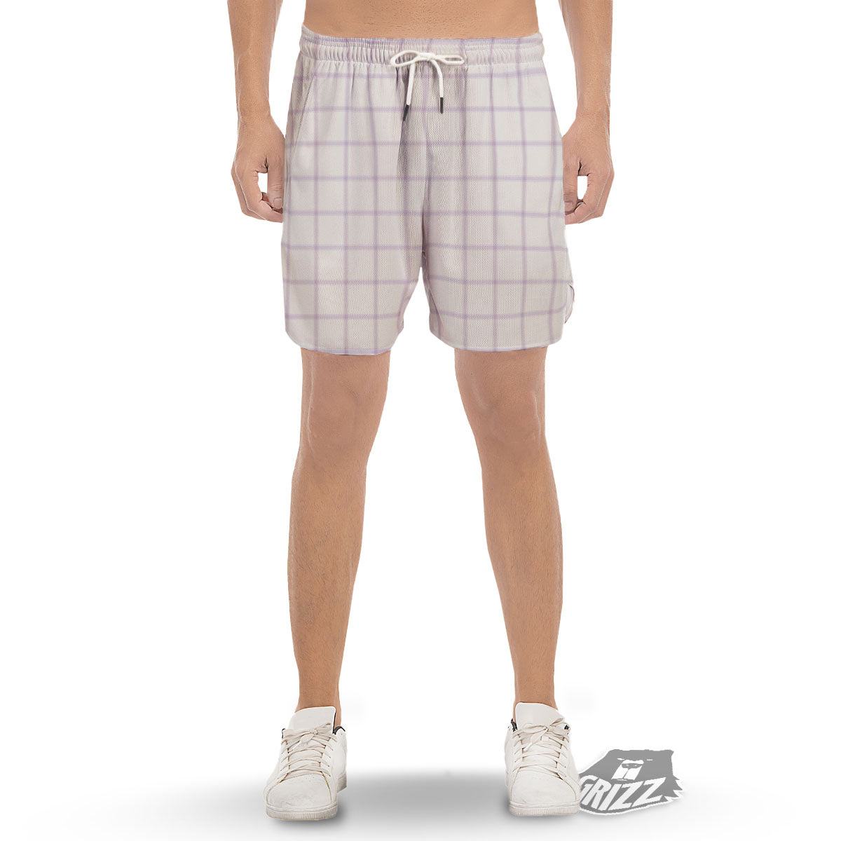 Tattersall White And Purple Print Pattern Men's Gym Shorts-grizzshop
