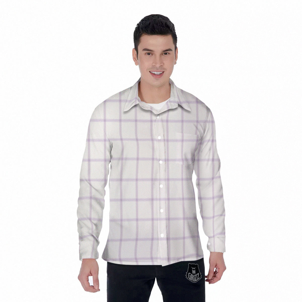 Tattersall White And Purple Print Pattern Men's Long Sleeve Shirts-grizzshop