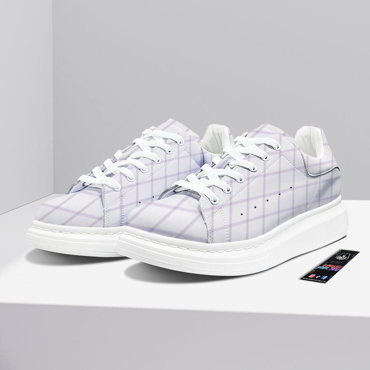 Tattersall White And Purple Print Pattern Platform Shoes-grizzshop