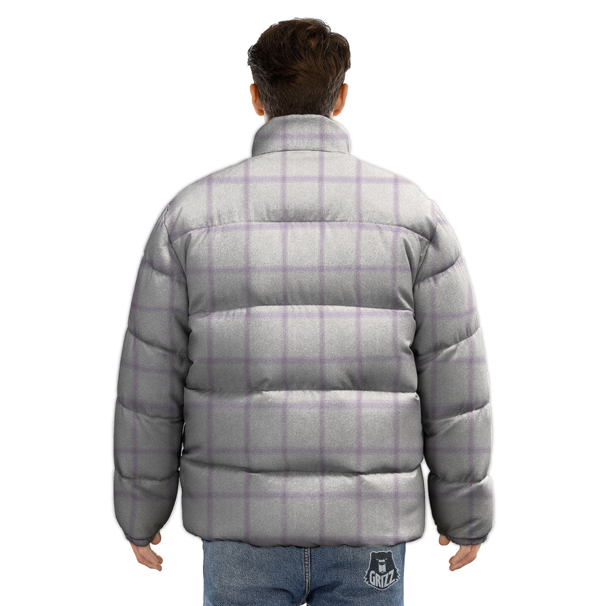 Tattersall White And Purple Print Pattern Puffer Jacket-grizzshop