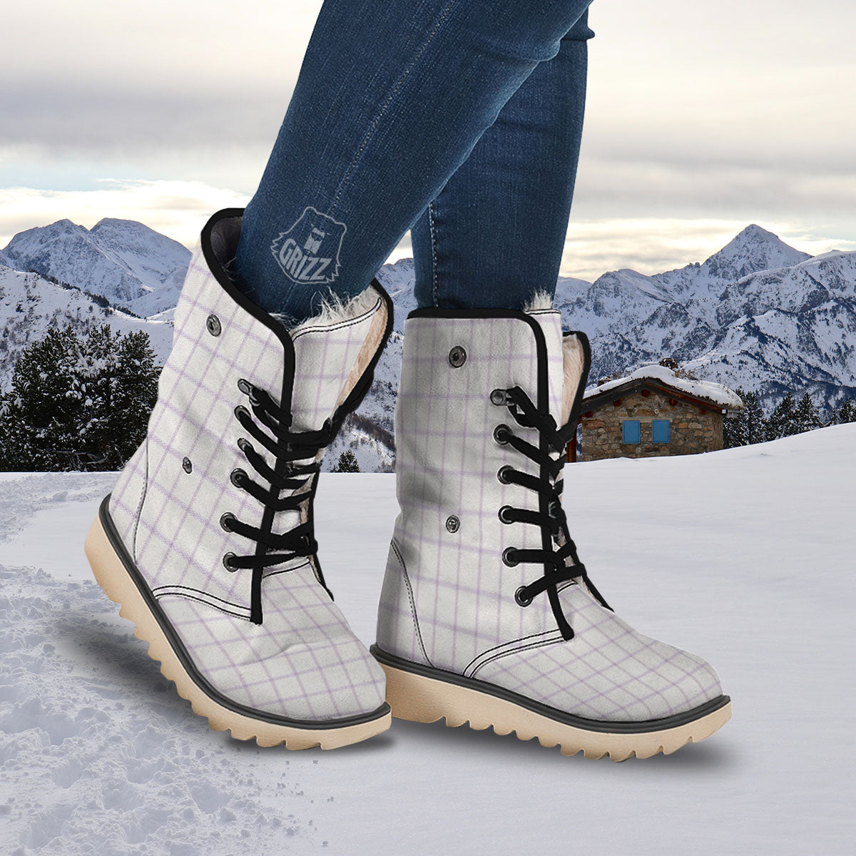 Tattersall White And Purple Print Pattern Snow Boots-grizzshop