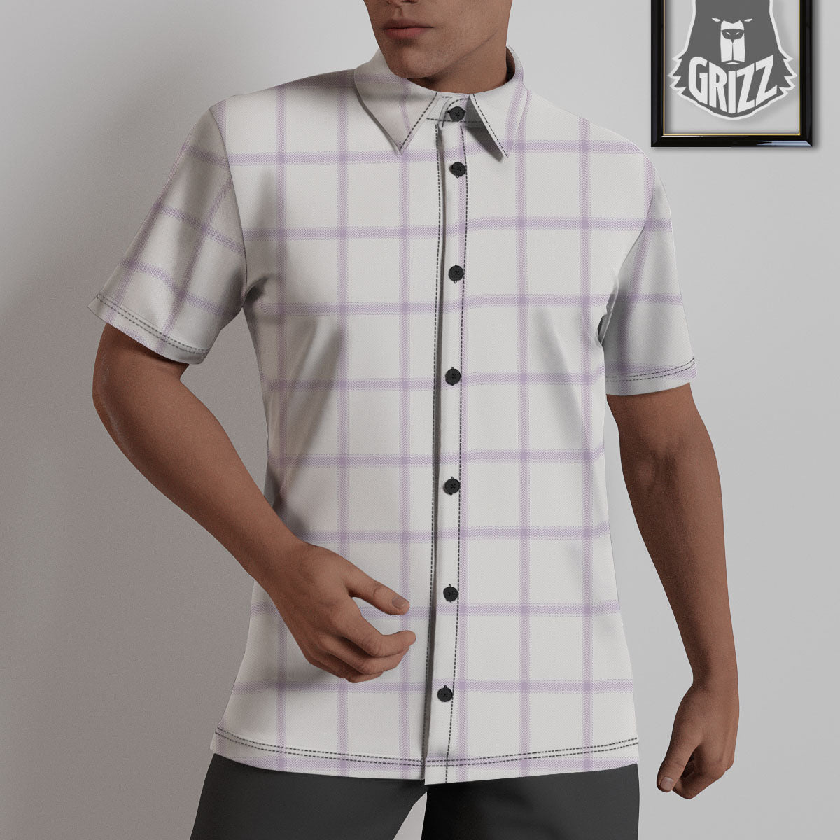 Tattersall White And Purple Print Pattern Untucked Shirts-grizzshop