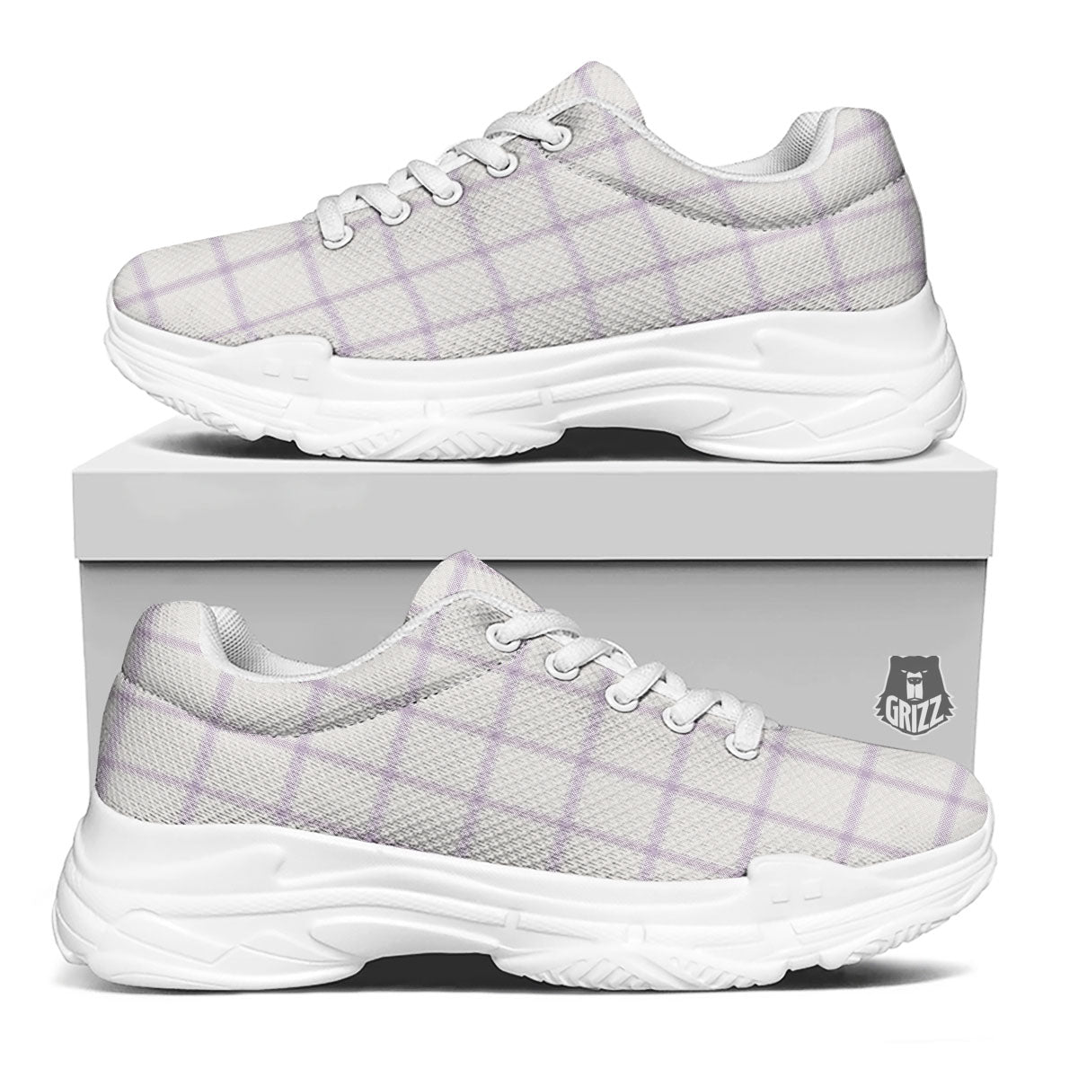 Tattersall White And Purple Print Pattern White Chunky Shoes-grizzshop