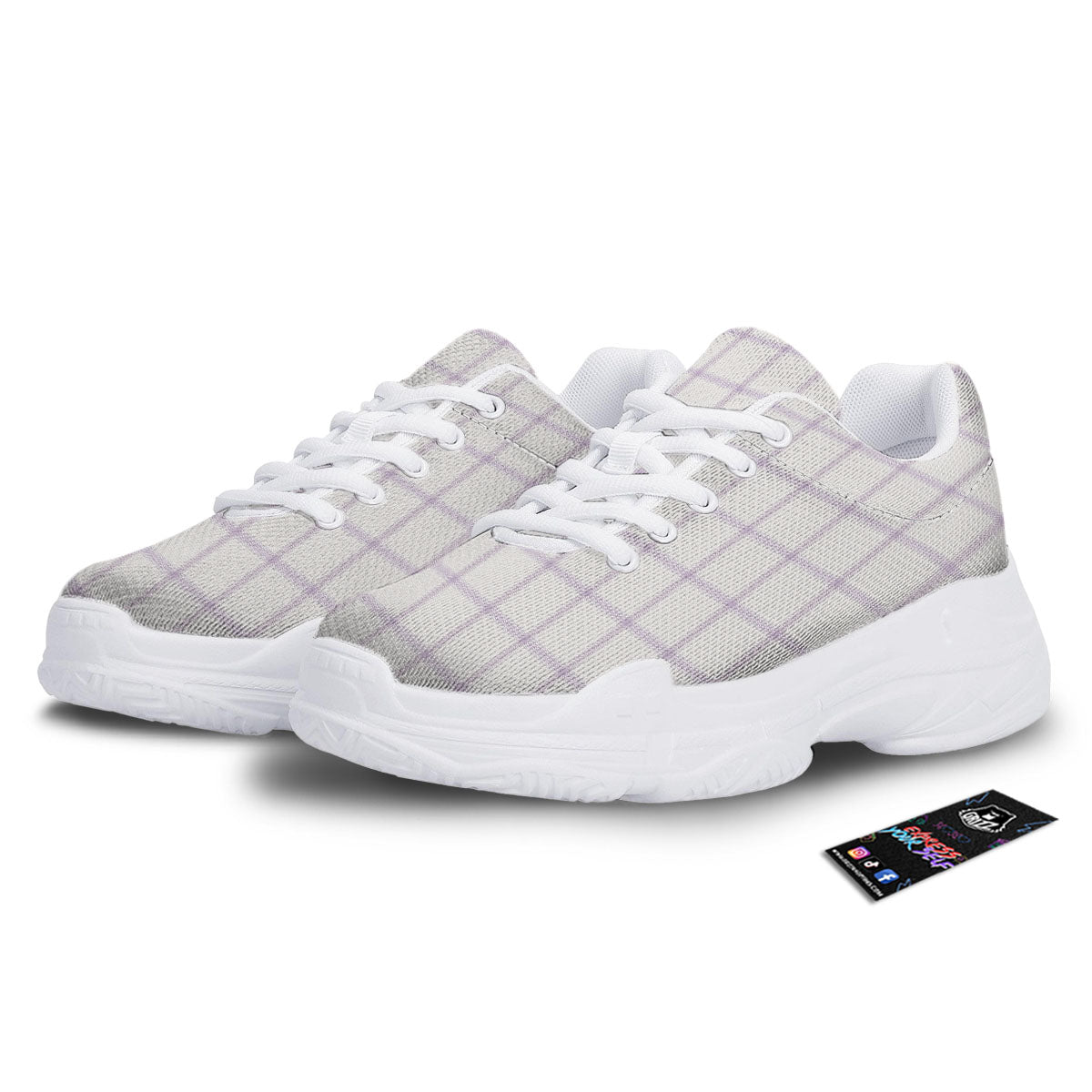 Tattersall White And Purple Print Pattern White Chunky Shoes-grizzshop
