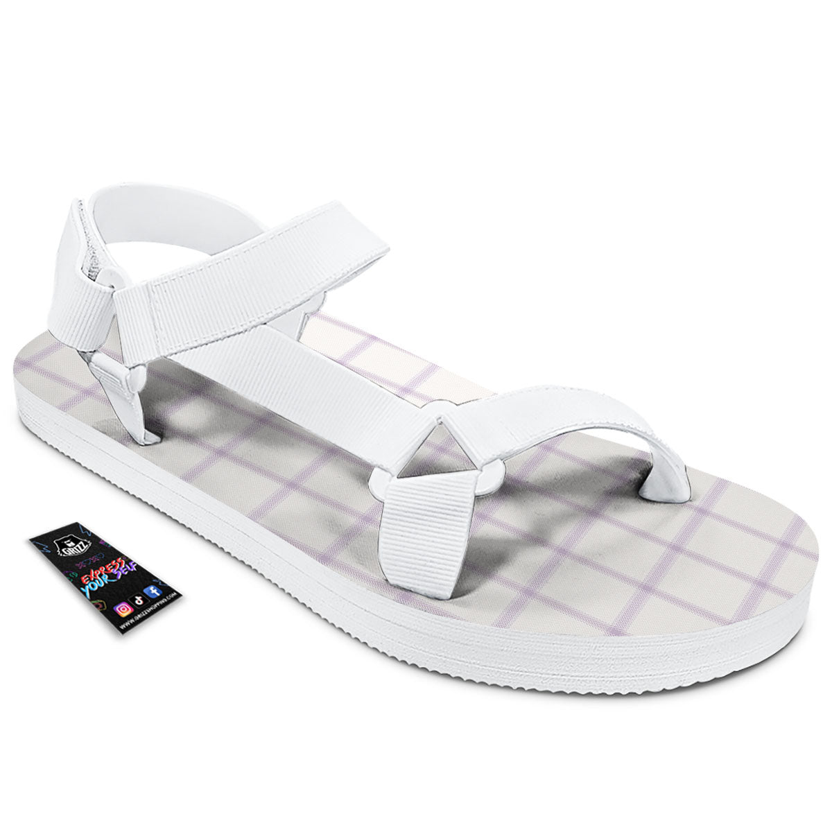 Tattersall White And Purple Print Pattern White Open Toe Sandals-grizzshop
