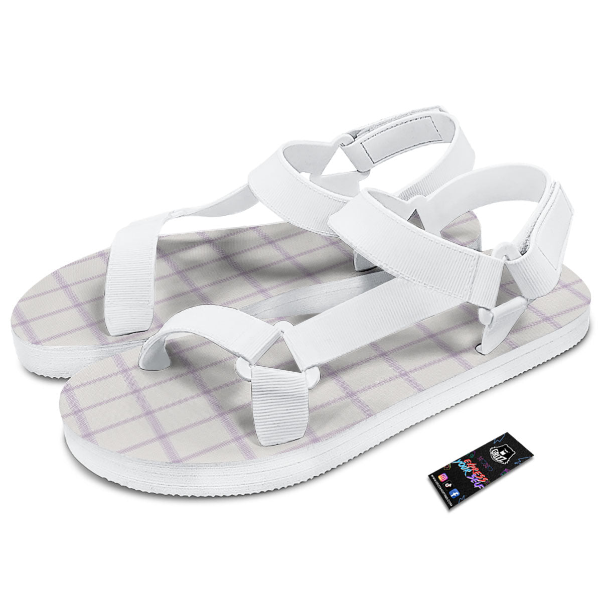 Tattersall White And Purple Print Pattern White Open Toe Sandals-grizzshop