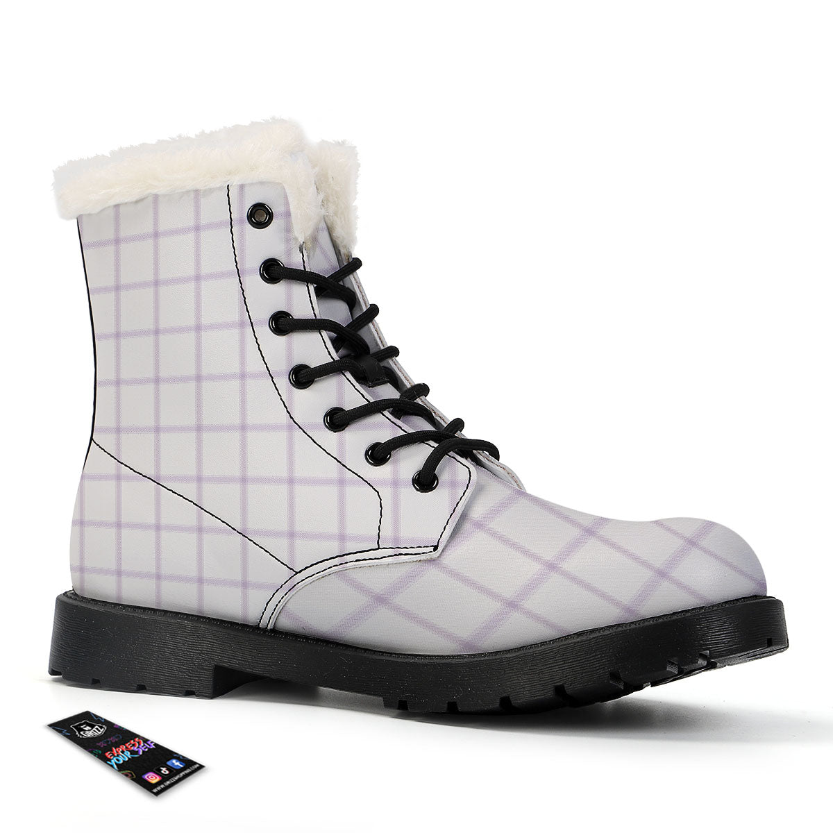 Tattersall White And Purple Print Pattern Winter Boots-grizzshop