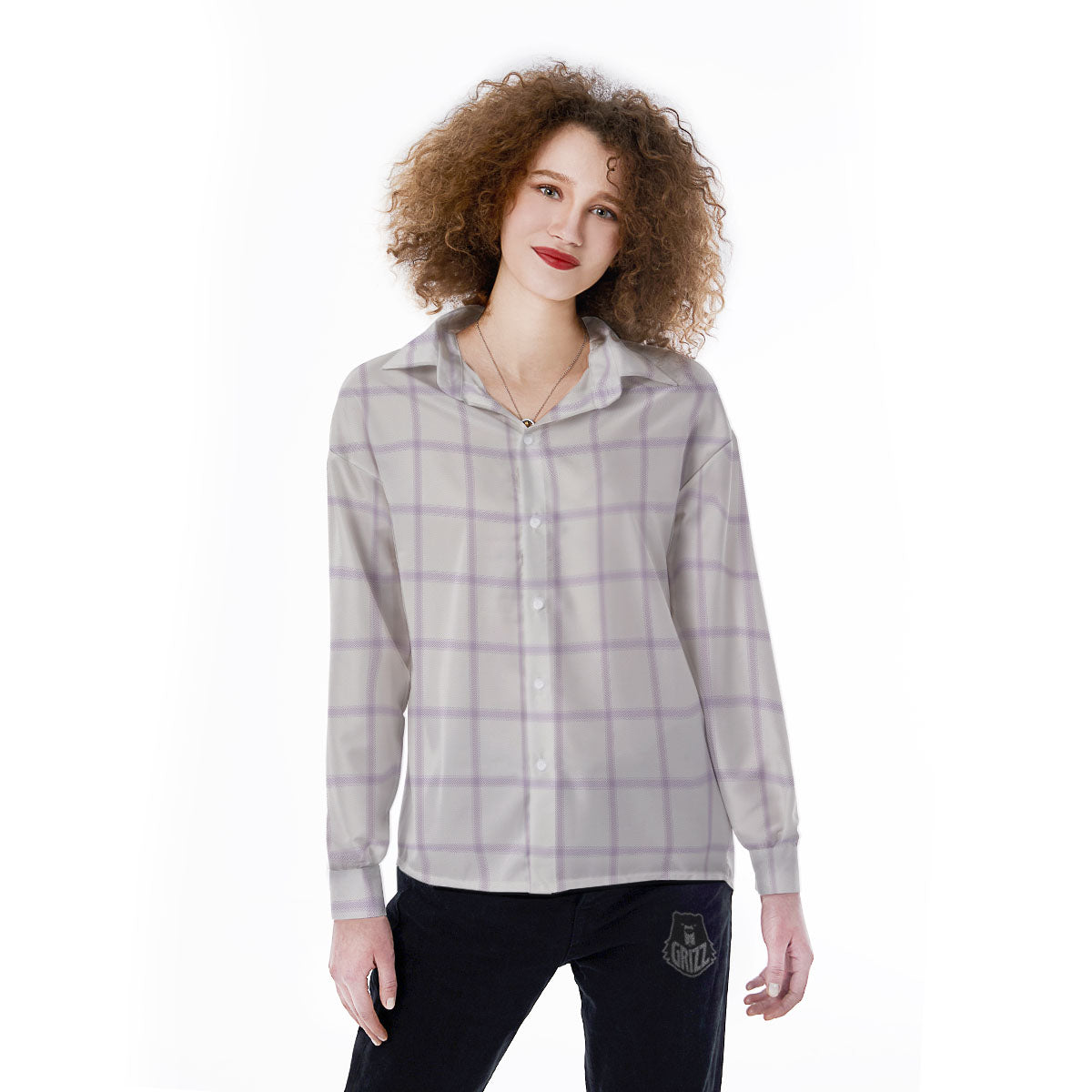 Tattersall White And Purple Print Pattern Women's Long Sleeve Shirts-grizzshop