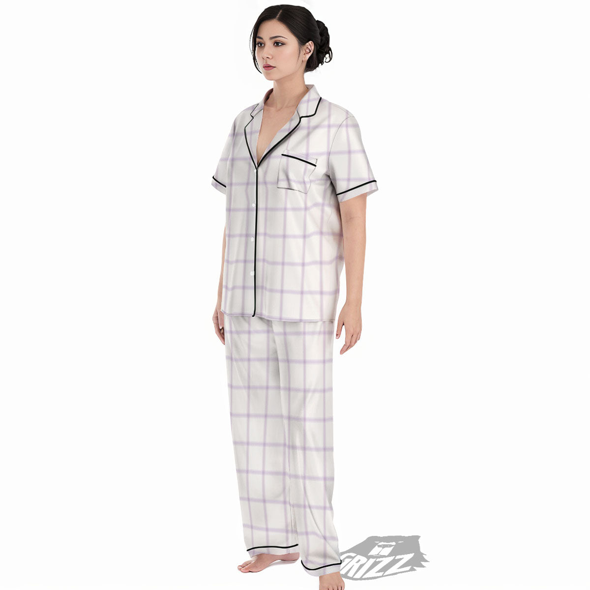 Tattersall White And Purple Print Pattern Women's Pajamas Set-grizzshop