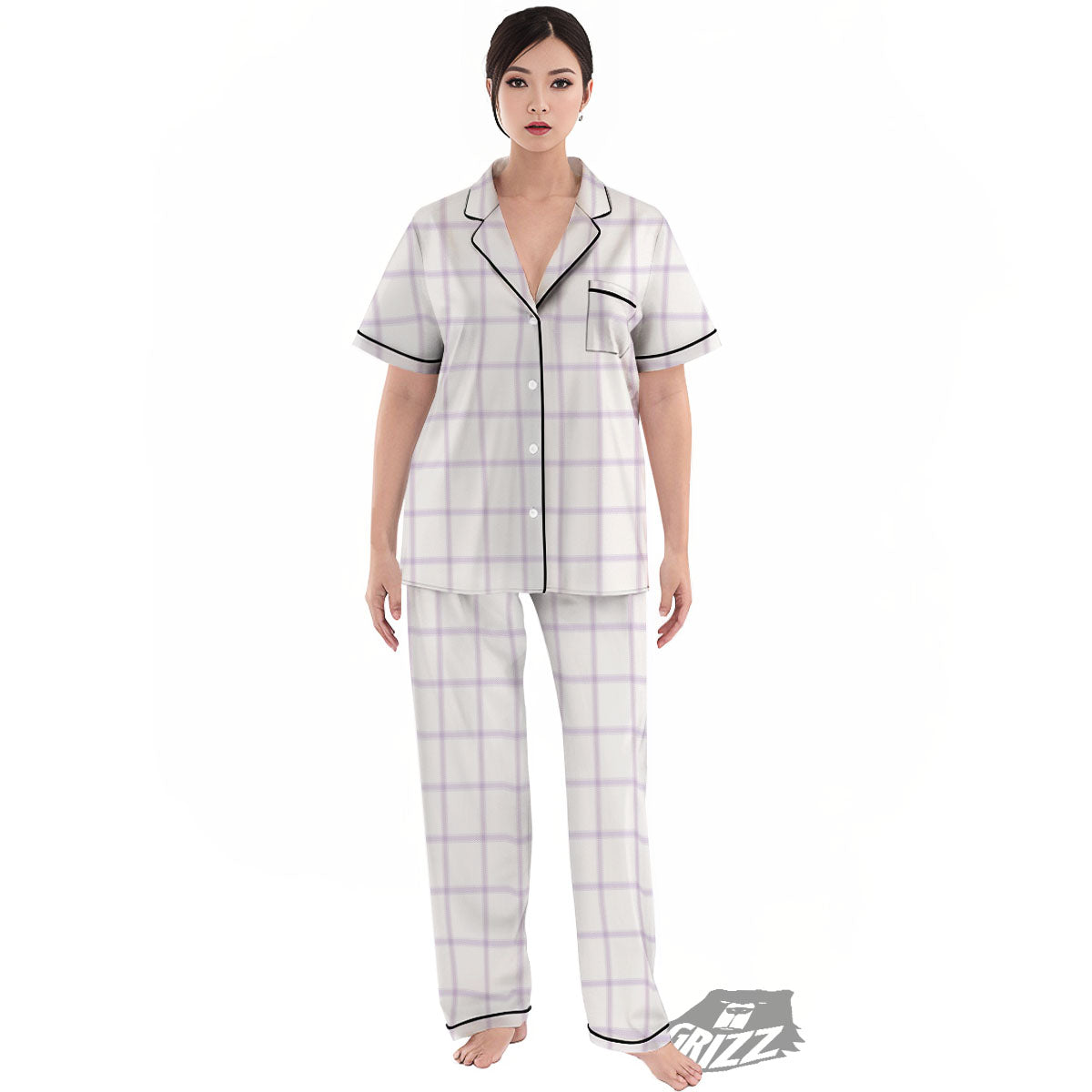 Tattersall White And Purple Print Pattern Women's Pajamas Set-grizzshop