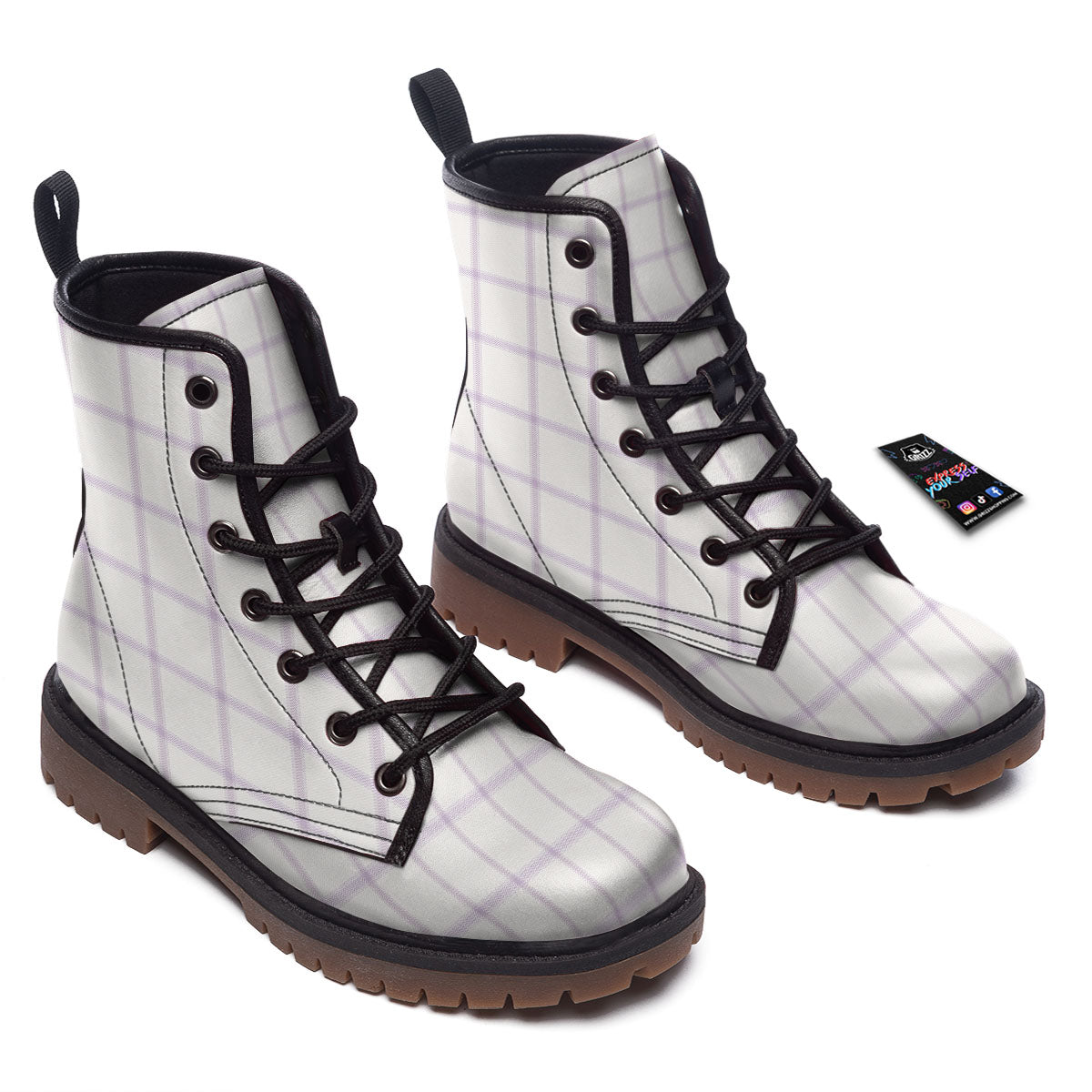 Tattersall White And Purple Print Pattern Work Boots-grizzshop
