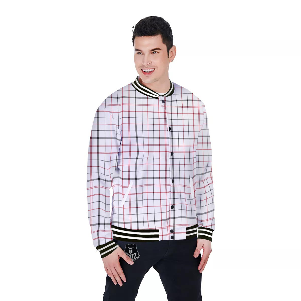 Tattersall White And Red Print Pattern Baseball Jacket-grizzshop