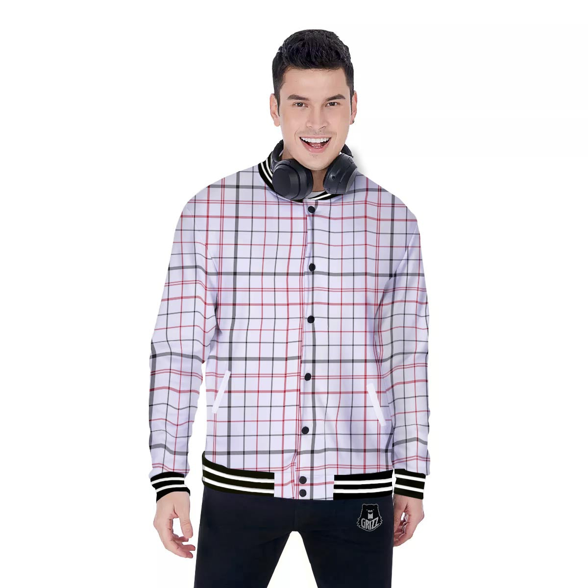 Tattersall White And Red Print Pattern Baseball Jacket-grizzshop