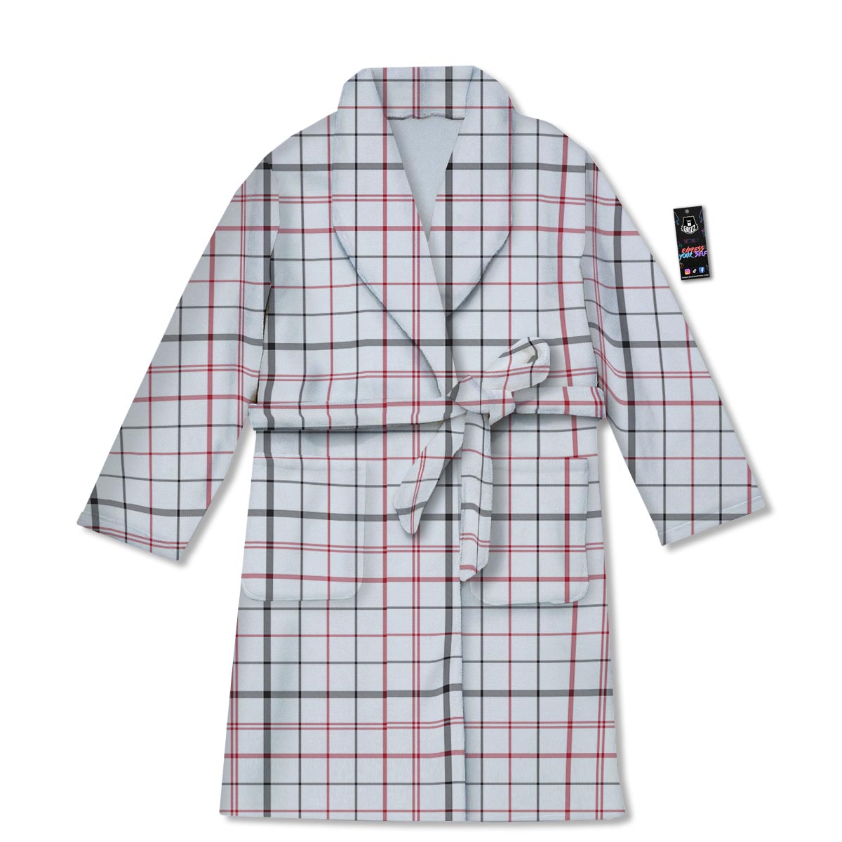Tattersall White And Red Print Pattern Bathrobe-grizzshop
