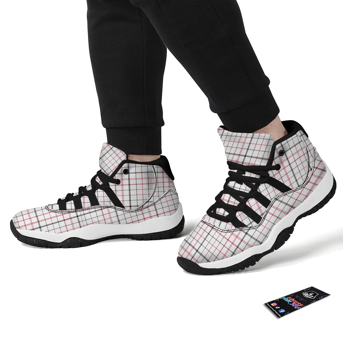 Tattersall White And Red Print Pattern Black Bball Shoes-grizzshop