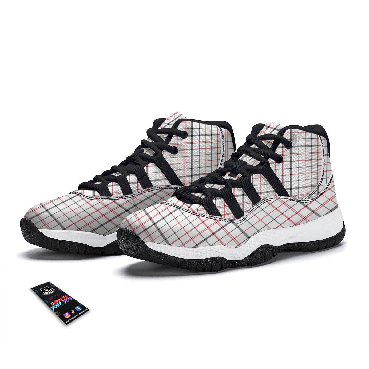 Tattersall White And Red Print Pattern Black Bball Shoes-grizzshop