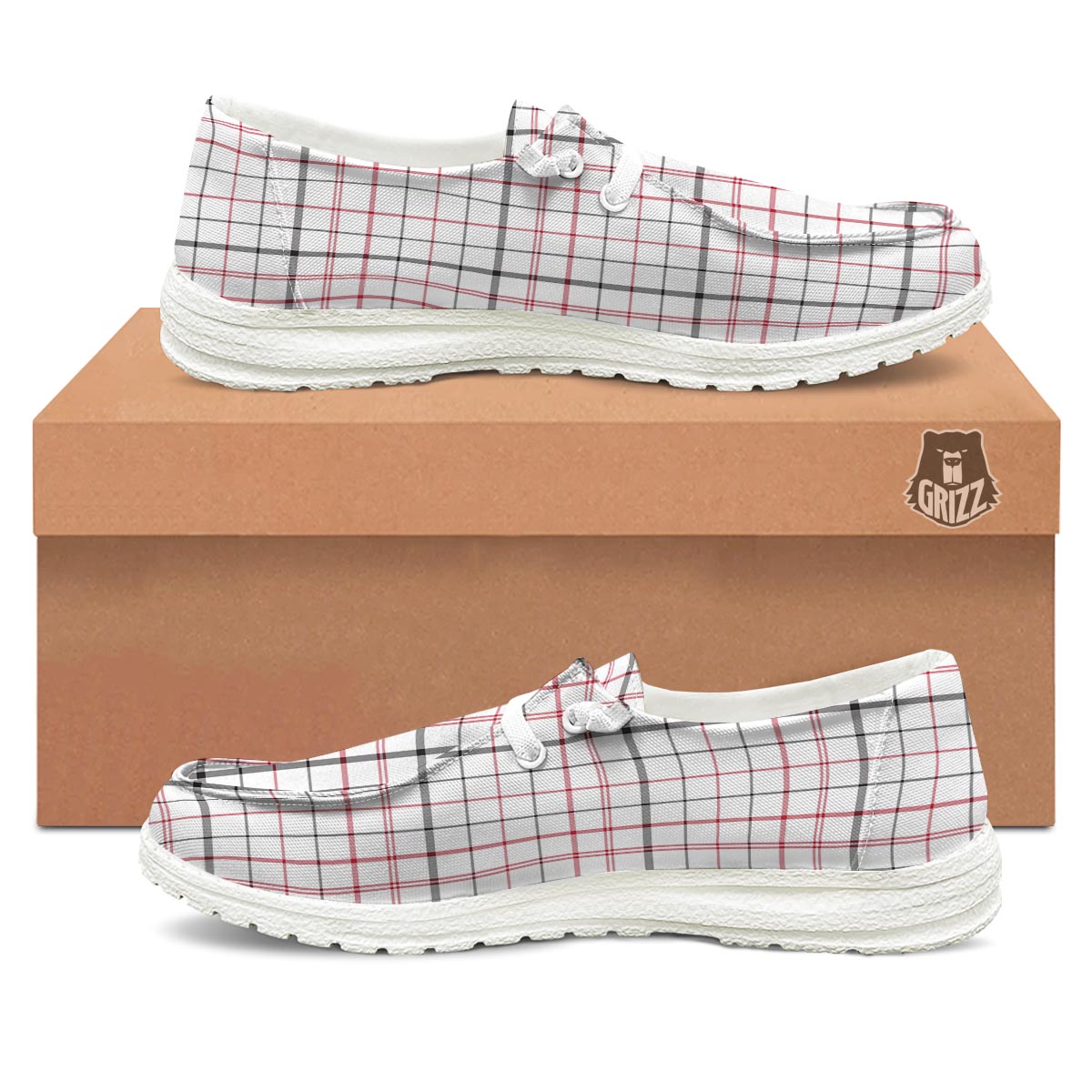 Tattersall White And Red Print Pattern Black Loafers-grizzshop