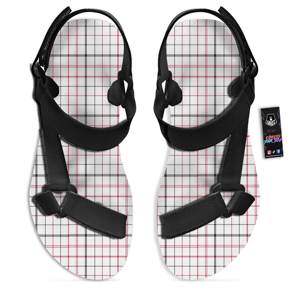 Tattersall White And Red Print Pattern Black Open Toe Sandals-grizzshop