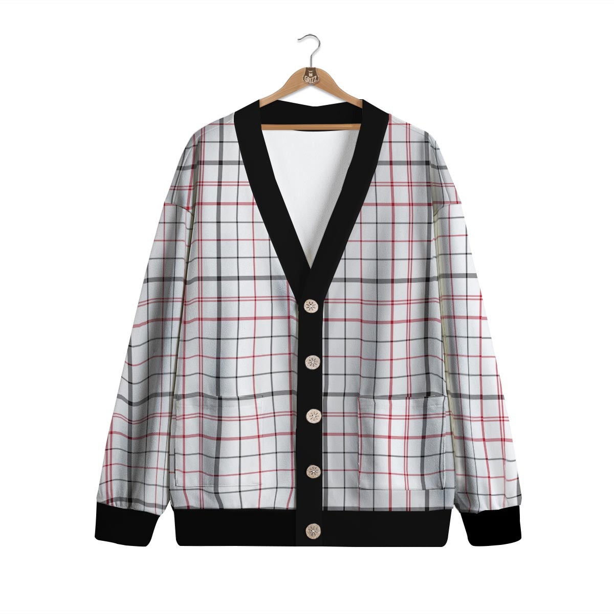 Tattersall White And Red Print Pattern Cardigan-grizzshop