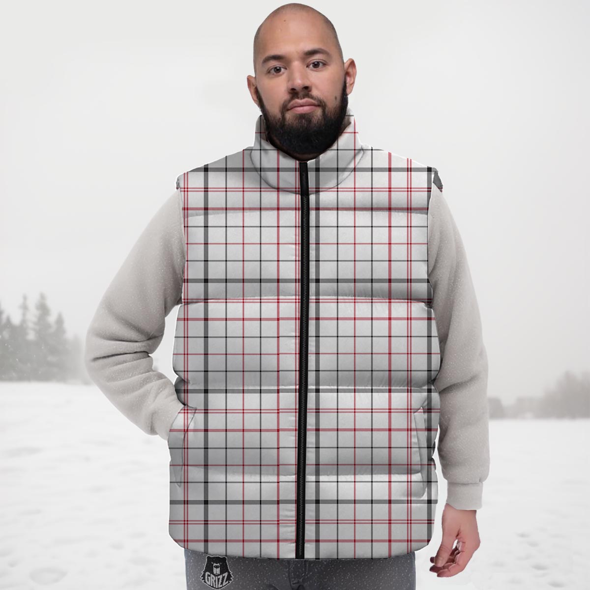 Tattersall White And Red Print Pattern Down Vest