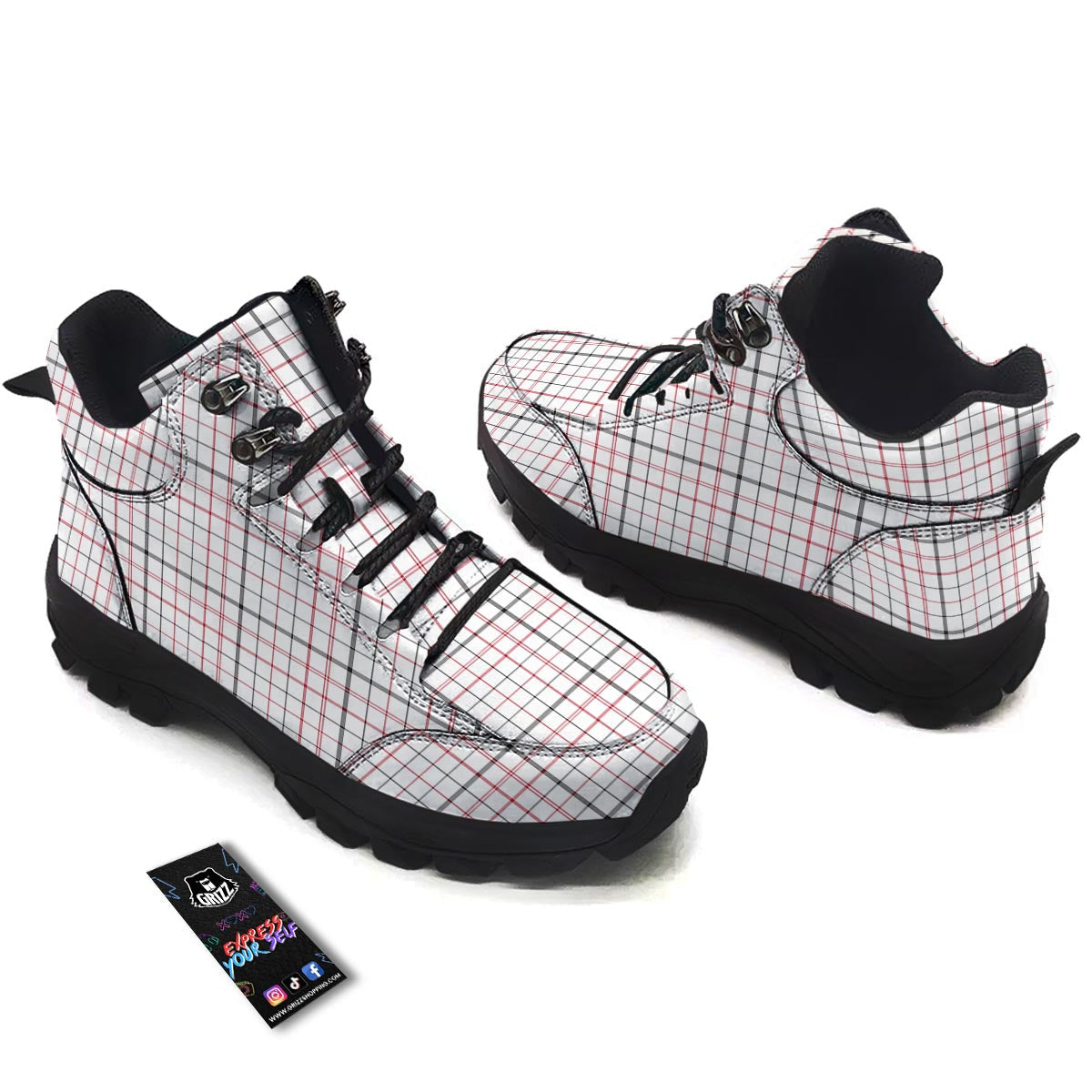 Tattersall White And Red Print Pattern Hiking Shoes-grizzshop