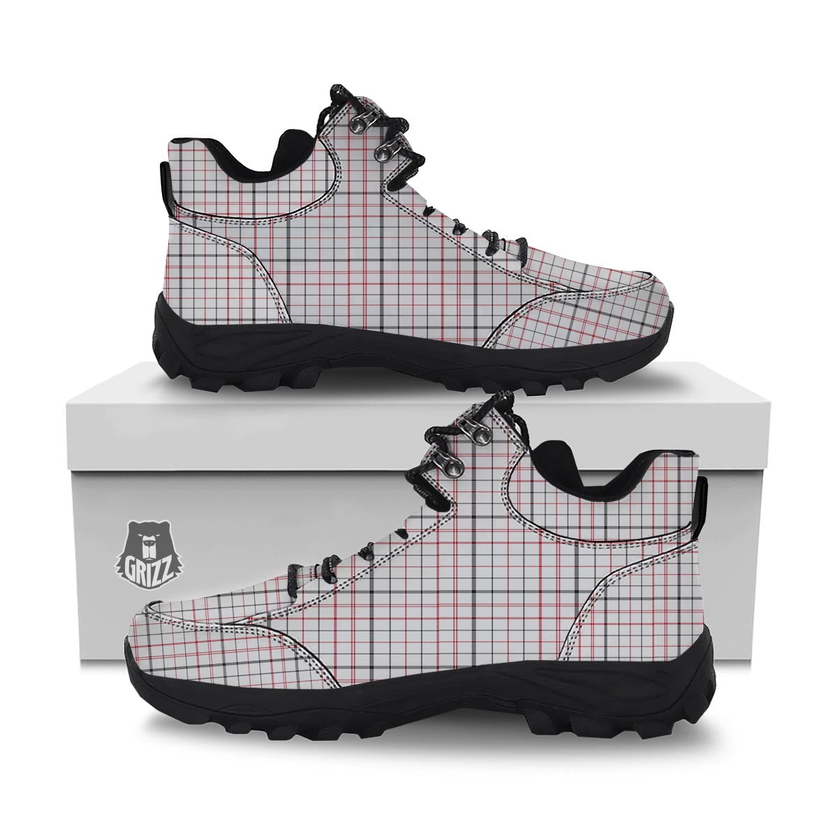 Tattersall White And Red Print Pattern Hiking Shoes-grizzshop
