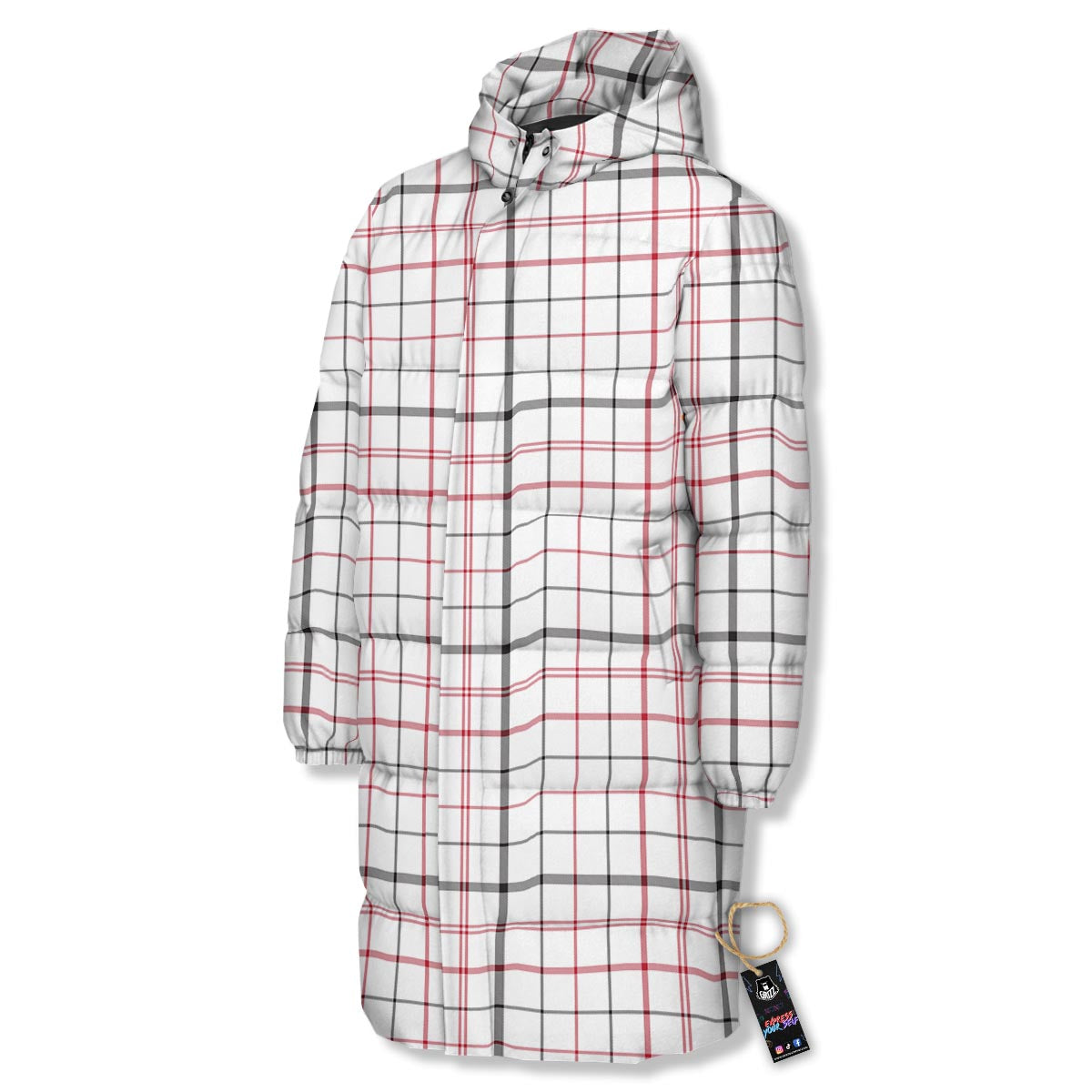 Tattersall White And Red Print Pattern Long Down Jacket-grizzshop