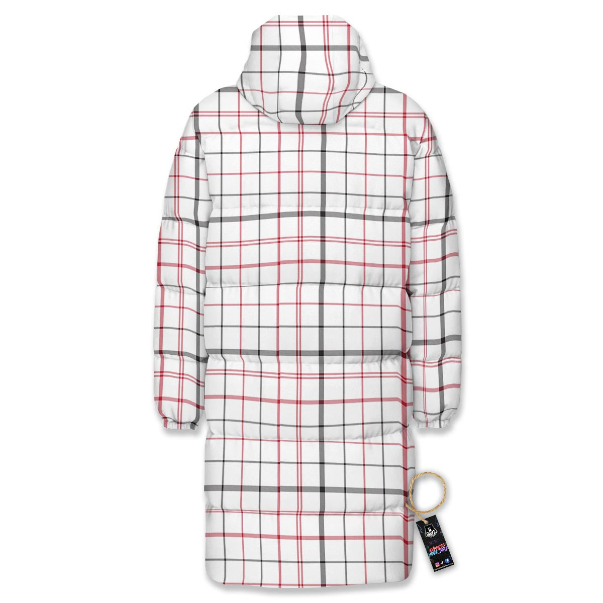 Tattersall White And Red Print Pattern Long Down Jacket-grizzshop