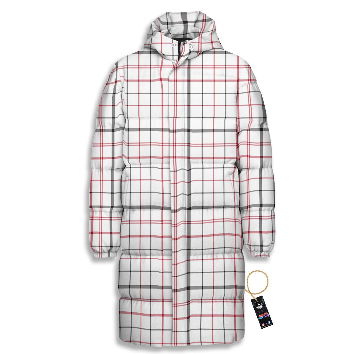 Tattersall White And Red Print Pattern Long Down Jacket-grizzshop